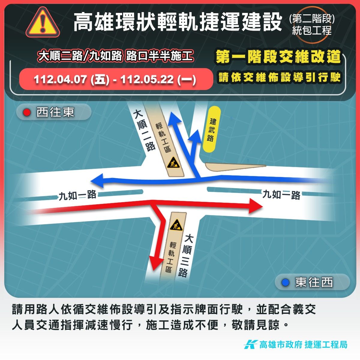 ▲九如/大順路口自4月7日上午9時起至5月22日進行交維施工。（圖／高市府捷運局提供）