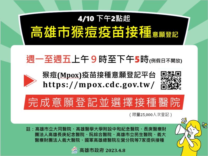 ▲4月10日下午2時起可至疾管署猴痘疫苗接種意願登記平台，進行接種暴露前預防(PrEP)疫苗意願登記。(圖／高雄市衛生局提供)