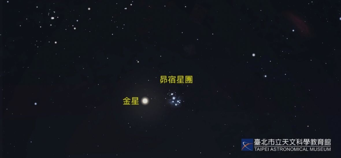 ▲明日將出現「金星合昴宿星團」，晚上7點過後，金星亮度達-4.0等，週三（4/12）則是今年首次的「水星東大距」。（圖／台北市立天文館提供）