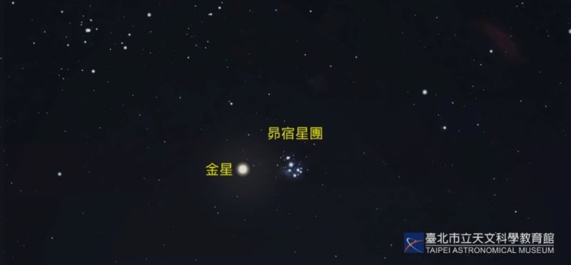 ▲明日將出現「金星合昴宿星團」，晚上7點過後，金星亮度達-4.0等，週三（4/12）則是今年首次的「水星東大距」。（圖／台北市立天文館提供）