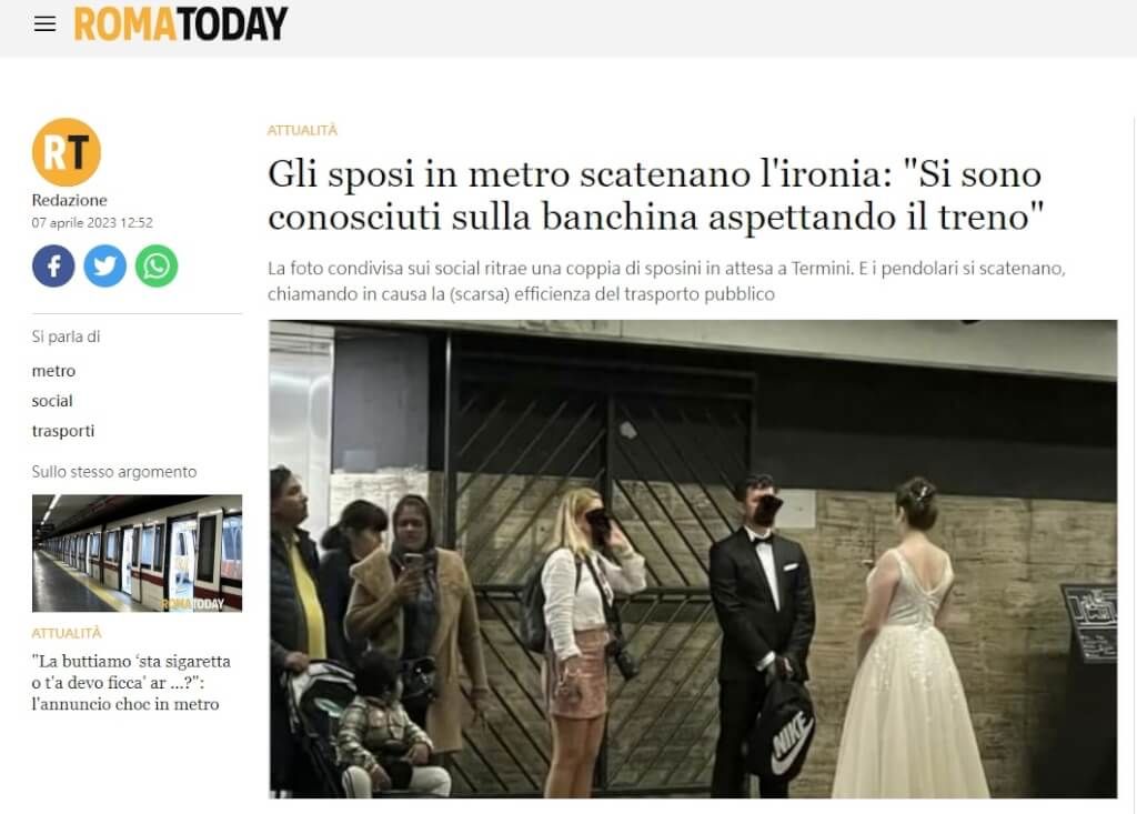 ▲首頁 / 國際新人羅馬地鐵拍婚紗引熱議 網諷等車等到另一半2023/4/10 09:08（4/10 09:21 更新）義大利首都羅馬最大且最重要的特米尼車站常出現誤點、車壞或罷工事件，近日社群流傳一對新婚夫婦在月台拍婚紗照引網友熱議。（圖取自今日羅馬網頁）