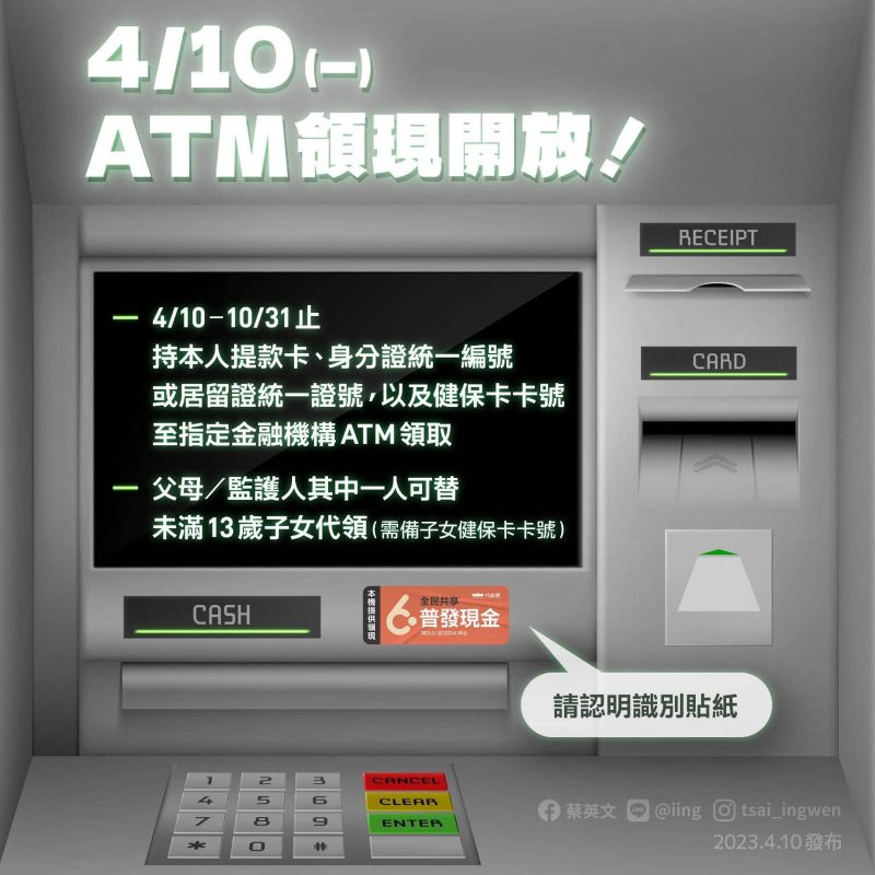 ▲全民普發現金6000元，其中ATM領現在今（10）日起跑。（圖／翻攝自蔡英文臉書）