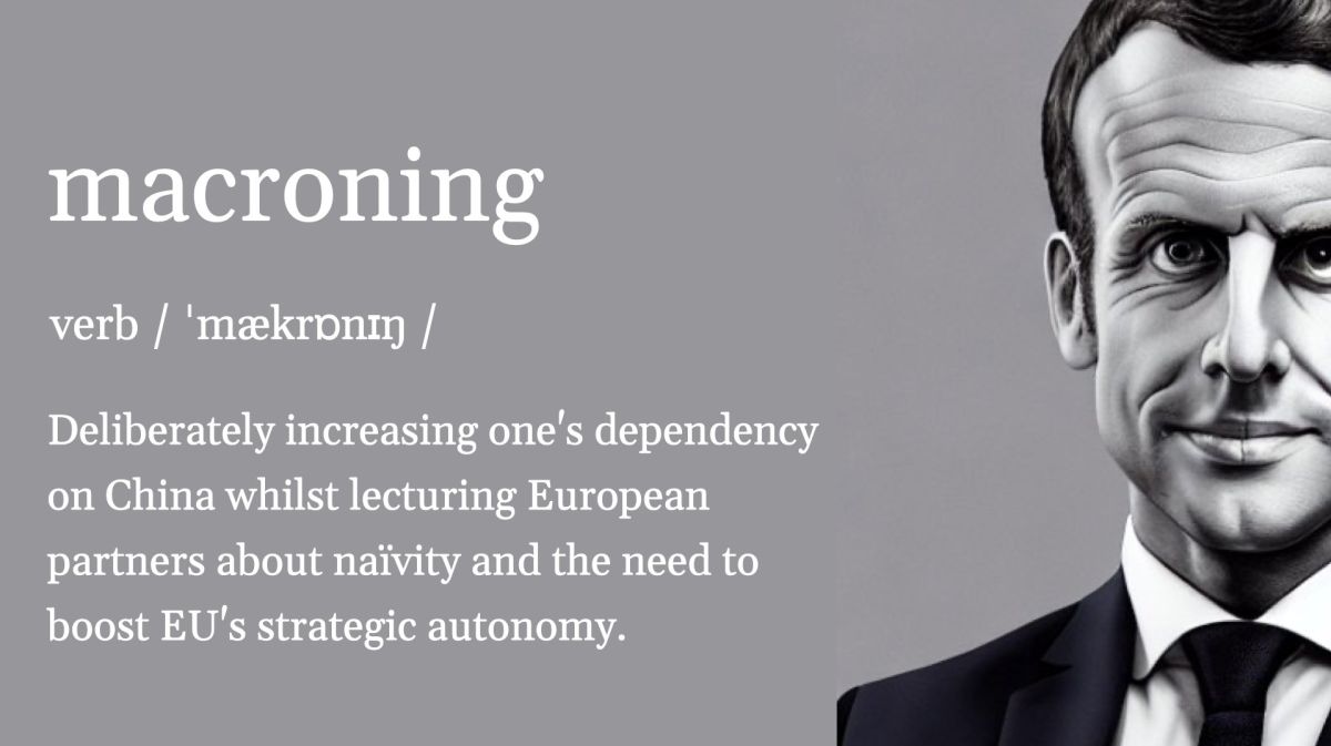 ▲法國總統馬克宏訪中過後，呼籲歐洲戰略自主、刻意加強對中依賴的態度被諷刺為「Macroning」，受到歐洲政學界大力批評。（圖／翻攝自推特）