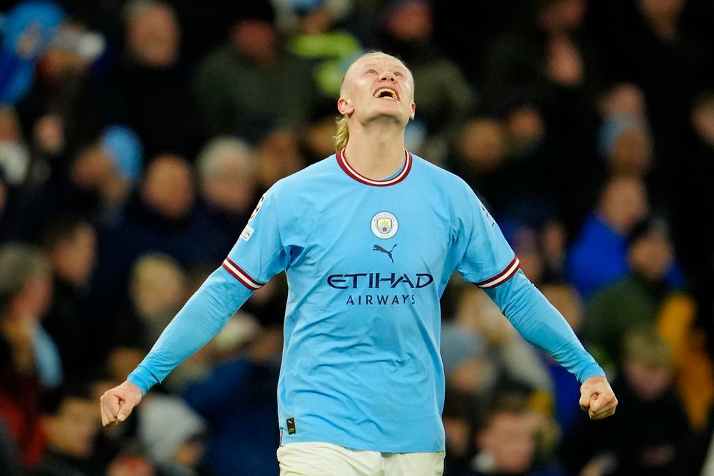 ▲曼城挪威籍前鋒哈蘭德(Erling Haaland)此役打進一球，也是個人本季第45球，正式打破紀錄，成為英超單季進球最多的球員。（圖／美聯社／達志影像）