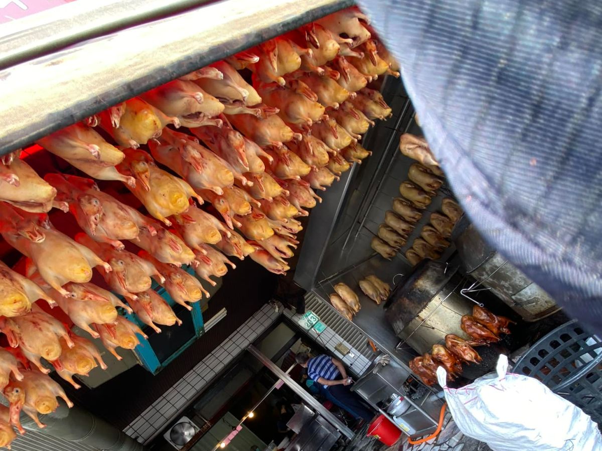 ▲男子路過台南西門路一處騎樓，抬頭驚見天花板吊滿鴨屍，在地人說這家是「台南最強烤鴨」。（圖／翻攝路上觀察學院臉書）