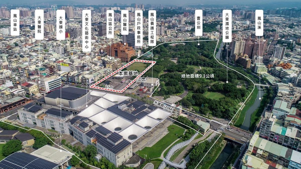 ▲橘線O13站土地開發案位處高雄市鳳山市區商圈生活機能優異，並與大東公園、鳳山區公所、大東文化藝術中心為鄰。（圖／高市府捷運局提供）