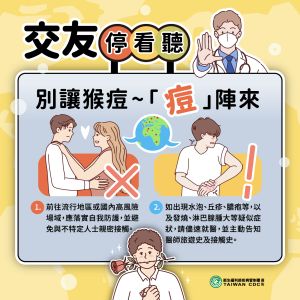 ▲預防猴痘應避免與不特定人士親密接觸。(圖/疾管署) ▲預防猴痘應避免與不特定人士親密接觸。(圖/疾管署)