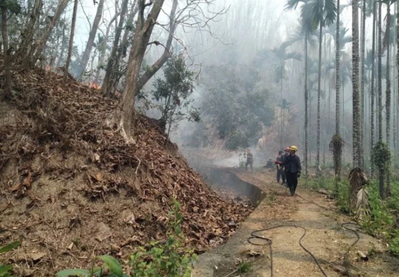 ▲高雄市內門區、鄰近陸軍八軍團旗山彈藥分庫附近，雜草堆不明原因起火，火勢延燒至今已4天，且有往杉林區延燒跡象。今（16）日，高雄市長陳其邁前往指揮所了解狀況。（圖／翻攝畫面）  