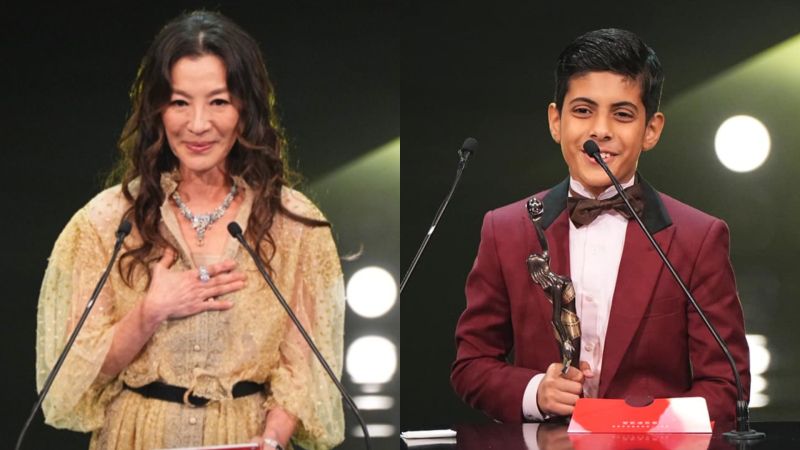 ▲楊紫瓊（左）現身香港金像獎，親自頒發「最佳新演員」獎項給《白日青春》林諾。（圖／翻攝自香港金像獎Instagram、臉書）
