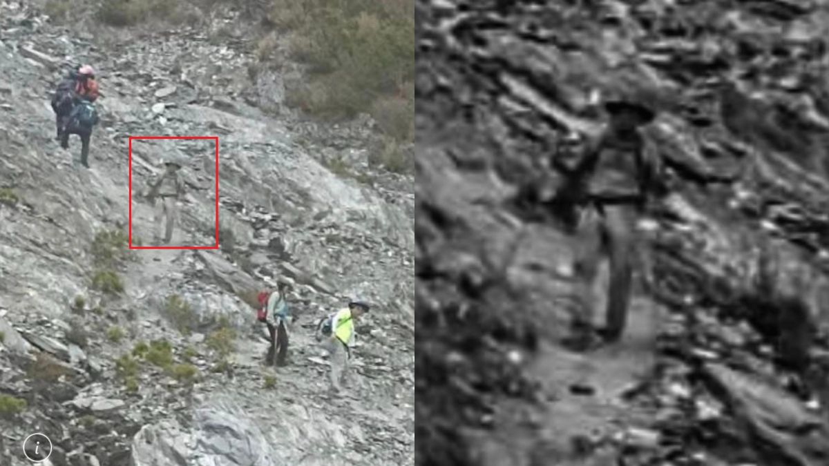 ▲有登山客近期在拍攝山上美景時，意外看到隊伍中突然出現一個「神秘軍盔男」。（圖／翻攝《靠北登山大小事》）