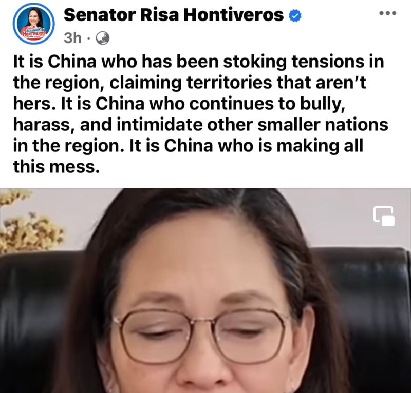▲ 菲律賓參議員漢迪夫洛斯（Risa Hontiveros）在16日怒批中國大使，並發布影片闡述自己的看法。（圖／翻攝自臉書）