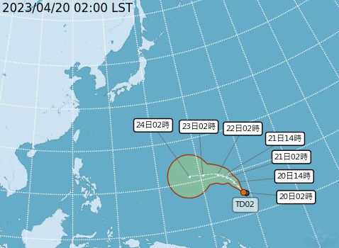 ▲台灣東南方海面有熱帶性低氣壓生成，有機會成為今年首號颱風「珊瑚」。（圖／中央氣象局提供）