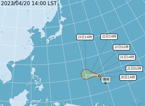 ▲▲位於台灣東南方海面的熱帶性低壓（TD02），今日下午14時已正式發展成為今年第1號颱風「珊瑚」。（圖／中央氣象局提供）