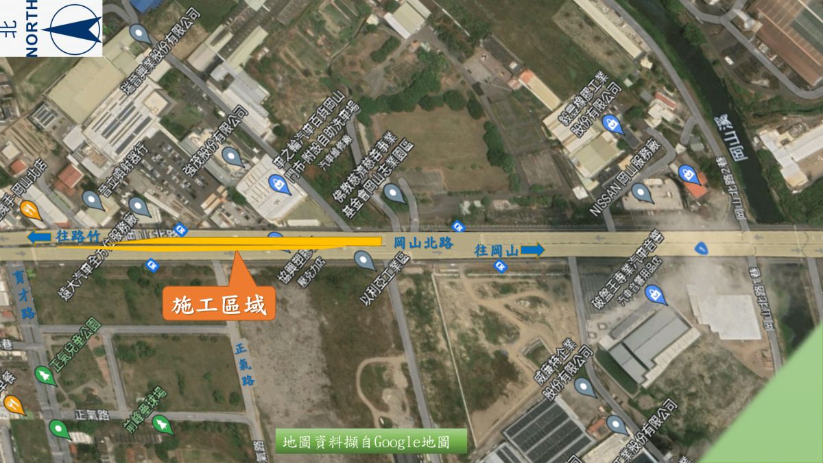 ▲岡山北路(慈濟岡山志業園區~育才路)，將增設南下側內一車道進行交維施工。（圖／高市府捷運局提供）