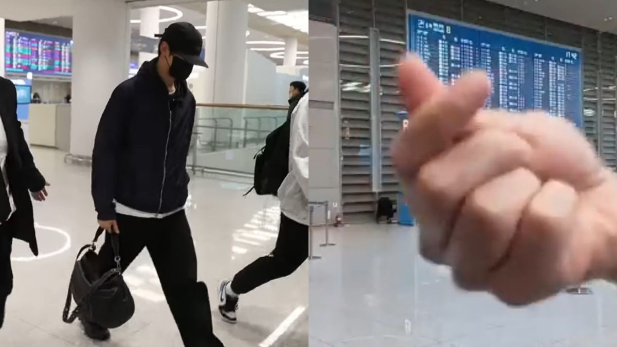 ▲ASTRO成員車銀優為了文彬緊急回國，結果在機場守候的媒體記者大聊白包，開心對著鏡頭比愛心，讓韓國網友集體炸鍋。（圖／翻攝推特）