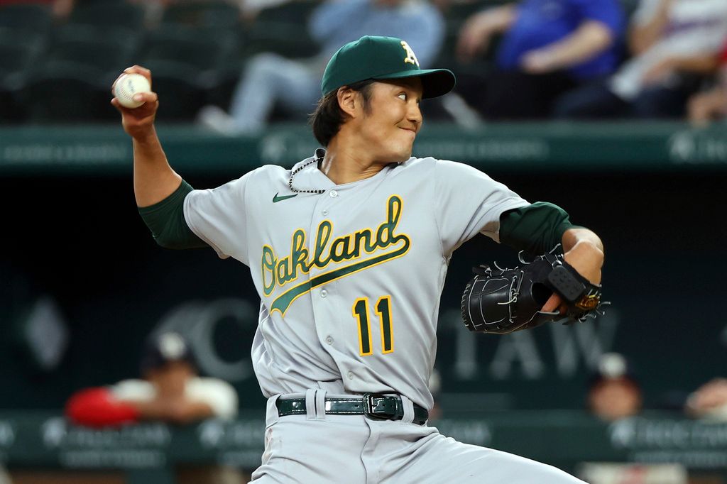 ▲運動家日籍投手藤浪晉太郎開季表現十分淒慘（圖／美聯社／達志影像）