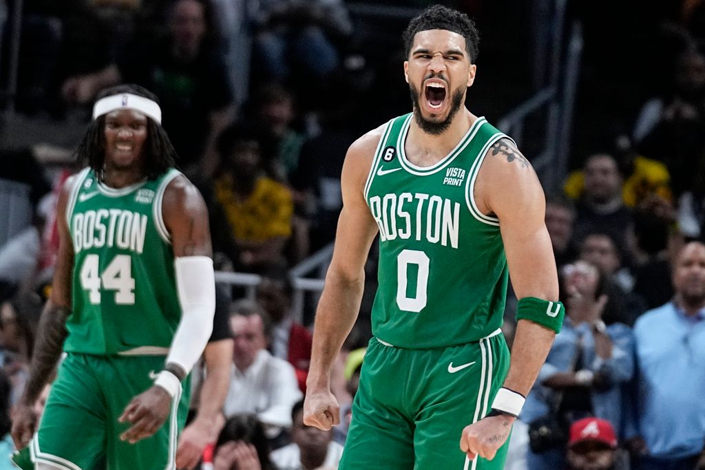 ▲Jayson Tatum狂轟31分，綠衫軍多點開花，終場129：121擊敗老鷹，系列塞聽牌。（圖／美聯社／達志影像）
