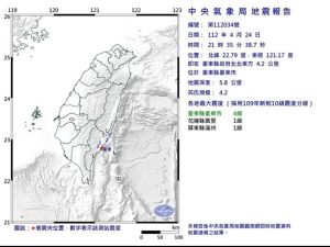 快訊／台東21：35「極淺層地震」！規模4.2　最大震度4級　

