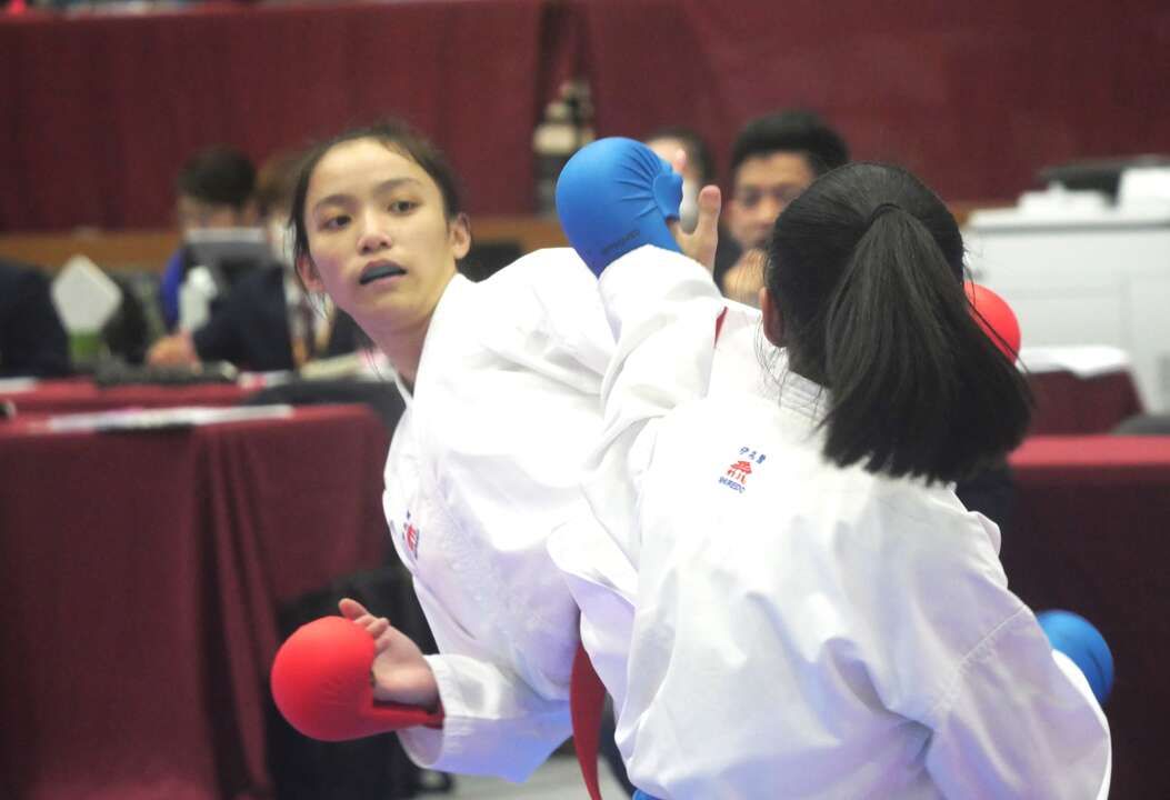 ▲南投旭光高中詹心妤在112年全中運空手道對打第2量級，連過4關，且1分未失，順利拿下3連霸。官方提供