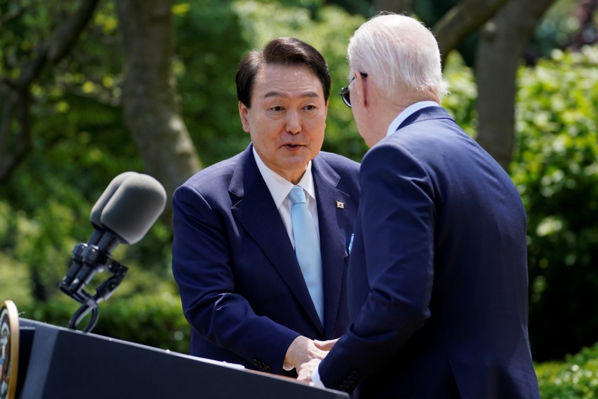 ▲南韓總統尹錫悅在白宮與美國總統拜登會談，表示朝鮮半島的和平將須透過實力來達成，而非仰賴對方的「善意」。（圖／美聯社／達志影像）