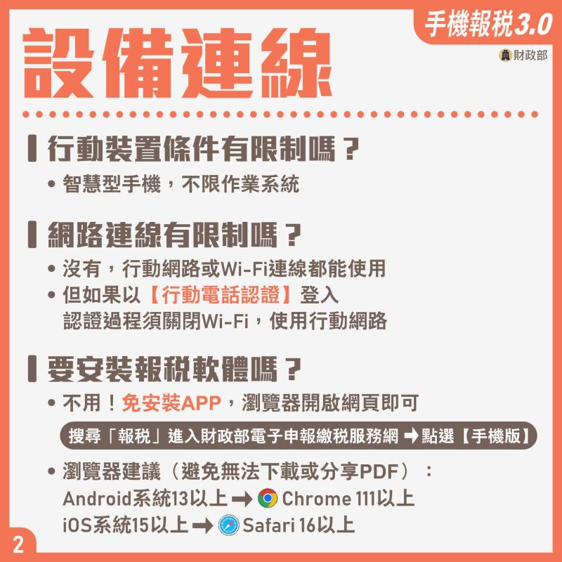 ▲手機報稅設備連線條件。(圖/財政部提供)