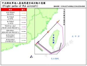 ▲國防部27日公布共軍航跡圖，截至上午6時，共偵獲共機38架次。（圖／國防部提供）