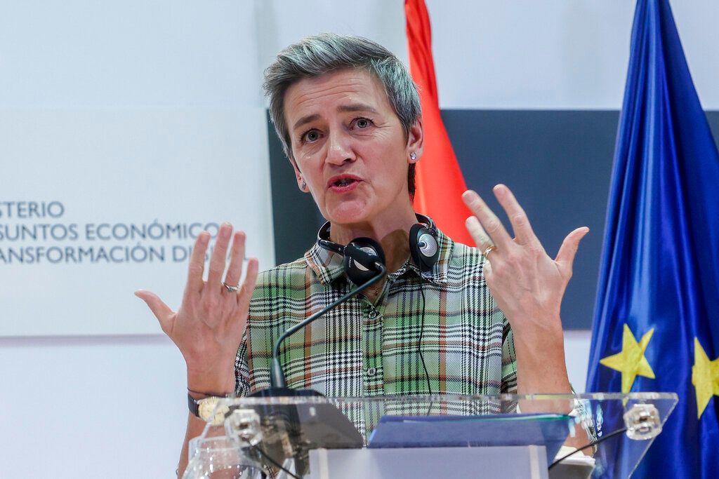 ▲G7各國數位部長今天同意，成員國應就人工智慧採取風險性監管。歐盟執委會數位執委維斯塔哲（Margrethe Vestager）表示，歐盟與G7的態度一致。（圖／美聯社／達志影像）