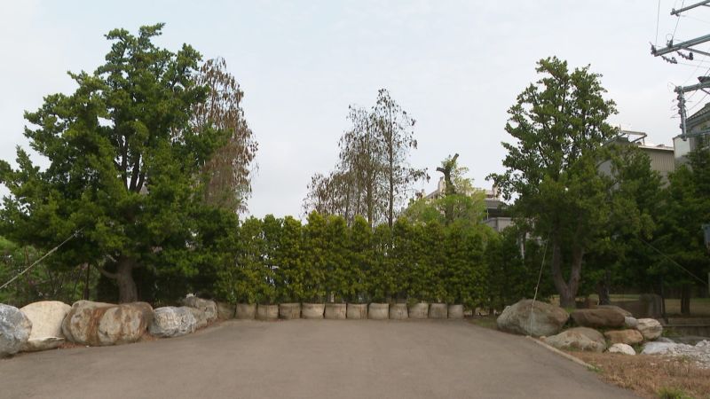 ▲顏寬恒昔日的沙鹿豪宅已過戶張女,出入口目前以盆景堵住。(圖/記者顏幸如攝,2023.05.01)