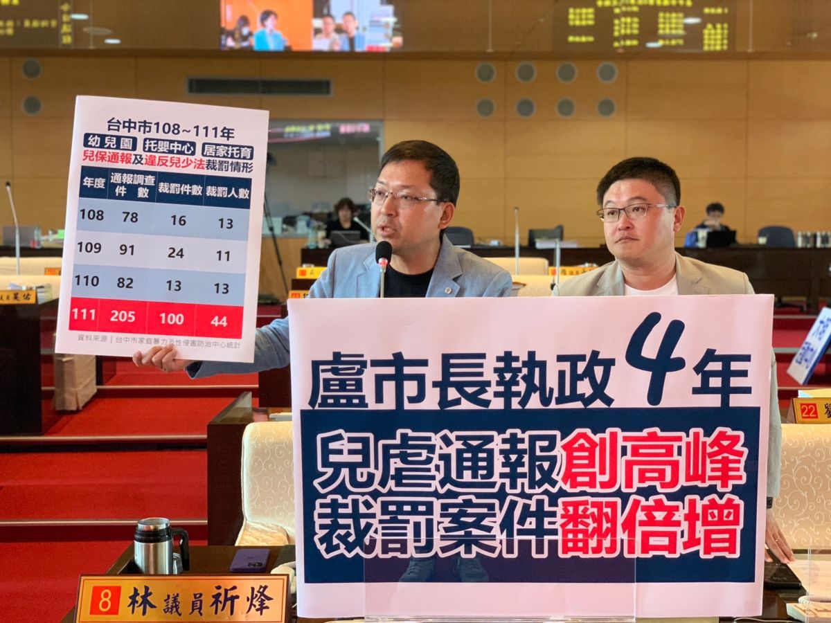▲議員林祈烽、施志昌指出，中市兒虐通報案件層出不窮，111年平均1天就有17件的通報記錄(圖／柳榮俊攝2023.5.1)