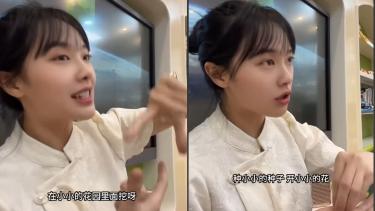 ▲湖北武漢市一位黃姓幼兒園女老師，在抖音上傳自己教唱童謠兒歌的影片，沒想到近期因為一段「挖呀挖呀挖」片段爆紅。（圖／翻攝抖音）