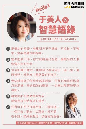 ▲于美人歷經離婚、演藝事業的修煉,說出不少智慧金句。(圖/《NOWnews今日新聞》社群中心製表) ▲于美人歷經離婚、演藝事業的修煉,說出不少智慧金句。(圖/《NOWnews今日新聞》社群中心製表)