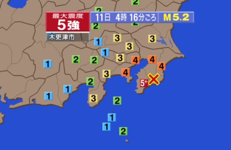 ▲日本今天凌晨約4時16分（台灣時間3時16分）關東地區觀測到規模5.4地震，最大震度5強，千葉縣南部觀測到震度5強。（圖／翻攝自NHK）