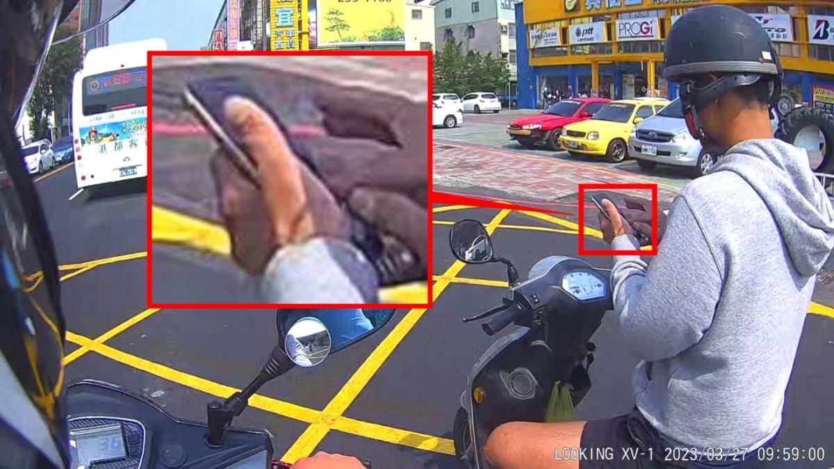 ▲高雄市1名陳姓男子騎機車放開雙手滑手機，該危險騎車動作遭後方民眾拍下，並向警方檢舉。（圖／苓雅分局提供）