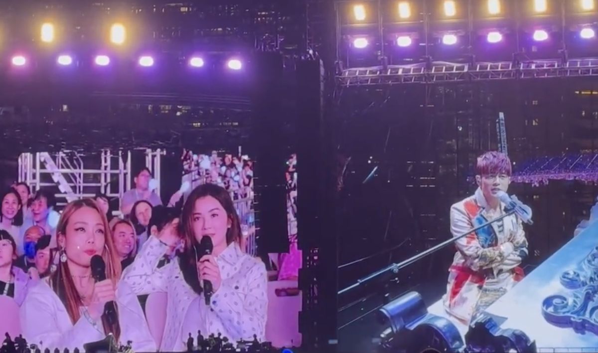 ▲周杰倫（右）10日在香港舉辦第4場演唱會，香港天后容祖兒（左）、阿Sa蔡卓妍（中）都現身支持。（圖／翻攝自微博）