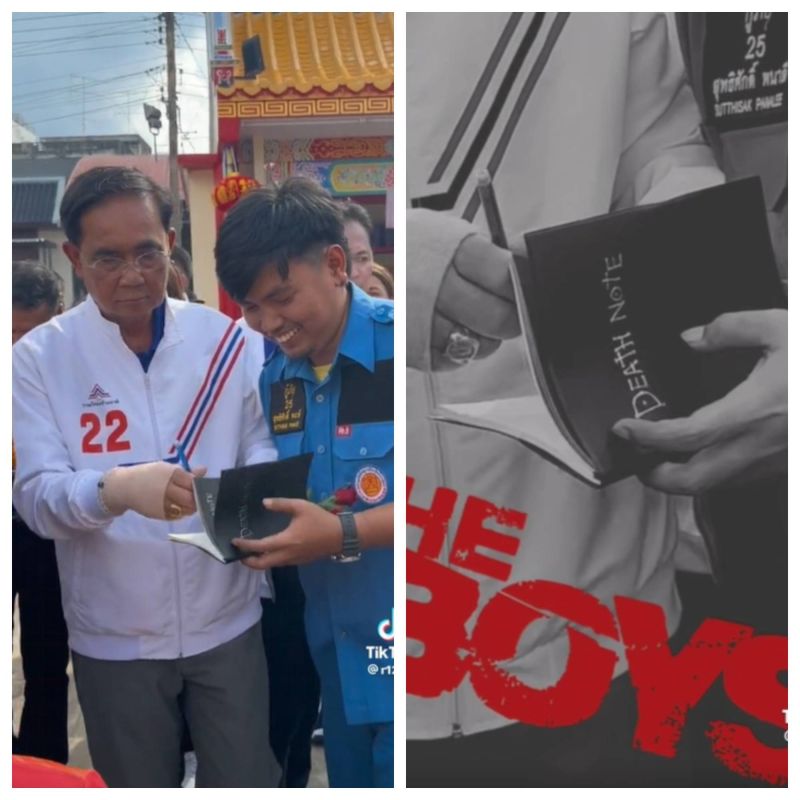 ▲一名年輕人假扮成支持者，要泰國總理帕拉育在死亡筆記本上面簽名。（圖／翻攝自TikTok）