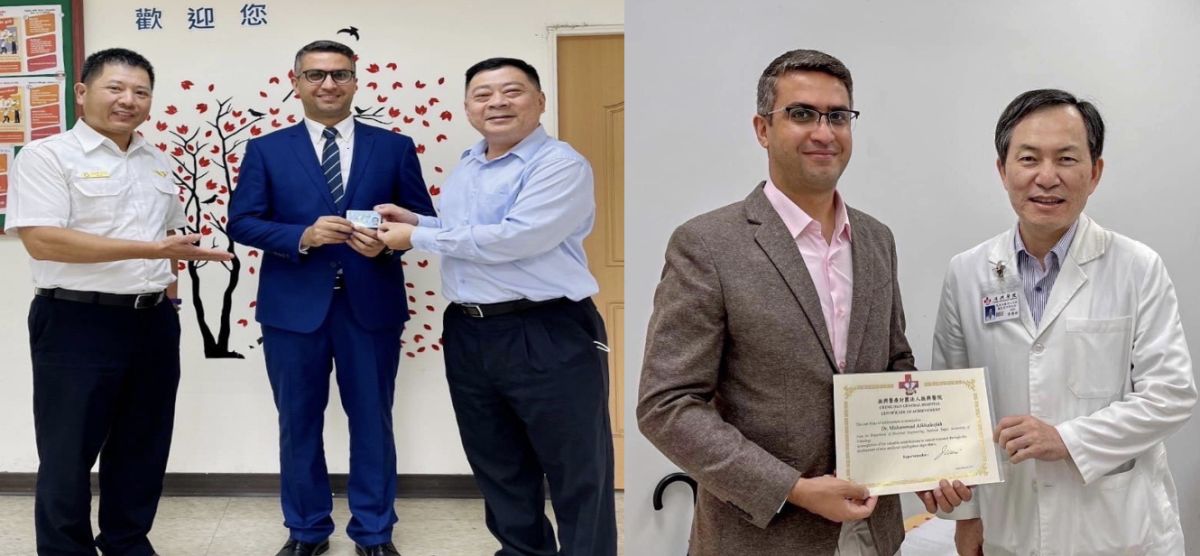 ▲沐海教授(左圖中)獲移民署北區事務大隊新北市服務站主任林財榮(左圖右)頒發梅花卡。（圖／移民署提供）