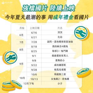 下半年強檔國片 ▲文化部公布下半年強檔國片,邀請青年用成年禮金看國片。(圖/文化部提供)