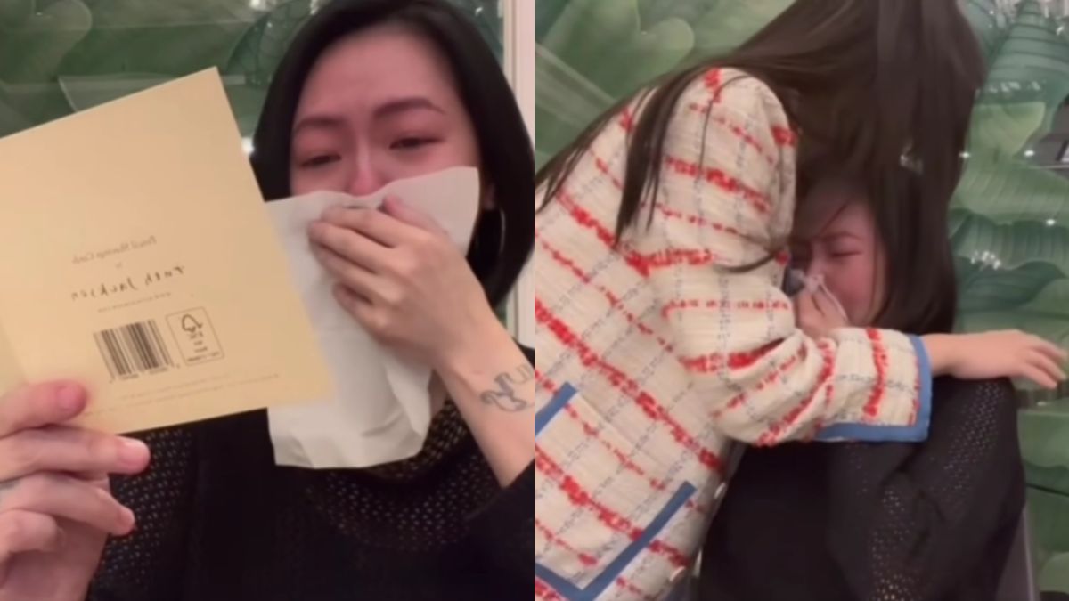 ▲小S唸著二女兒Lily送的母親節卡片，其中一句「天塌下來都有我幫妳擋著！」讓她大爆哭，緊緊抱著女兒，直呼：「最幸福的時刻！」(圖／小S FB）