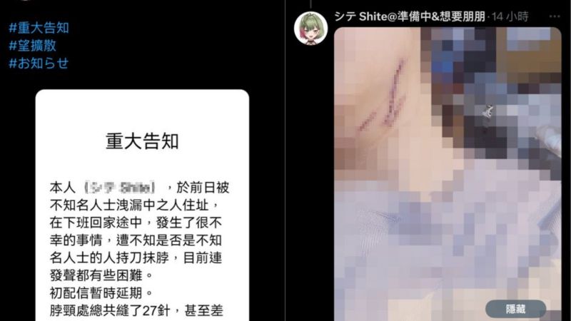 ▲近期竟有一位尚未出道的台灣女VTuber發文表示「居住地址被知道還慘遭割喉」，而驚動警方追查後，才發現全都是假的。（圖／翻攝推特）