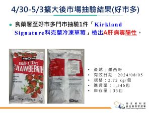 檢出A型肝炎病毒陽性的產品為科克蘭冷凍草莓,產地是墨西哥 ▲檢出A型肝炎病毒陽性的產品為科克蘭冷凍草莓,產地是墨西哥。(圖/食藥署提供)
