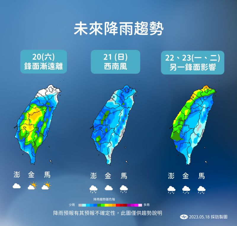 ▲氣象局說明，雖然週六鋒面漸漸遠離，但中南部地區仍會有些雨勢，下週日新一波鋒面接近，並在下週一、二影響台灣。（圖／中央氣象局提供）