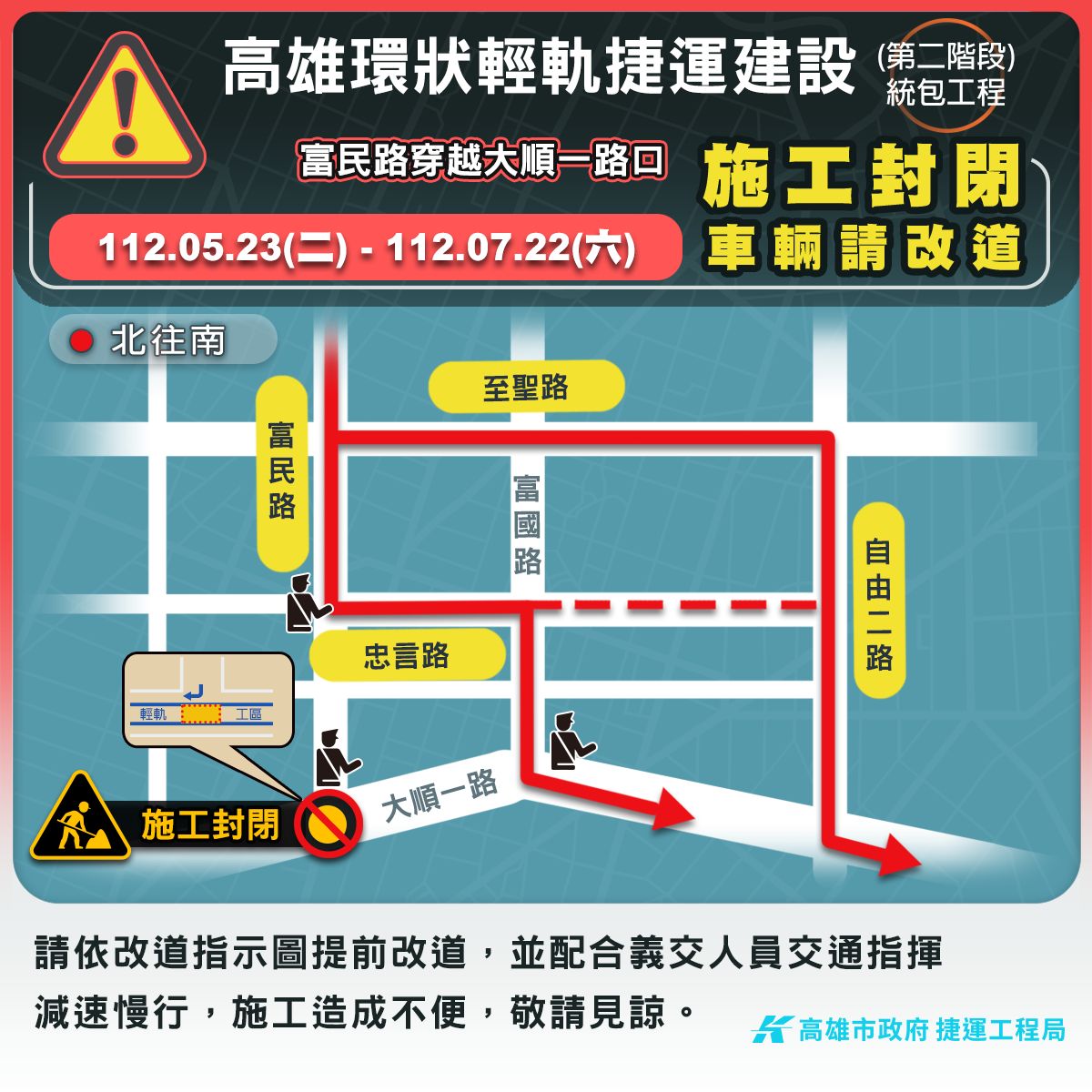 ▲大順一路與富民路口封閉施工。（圖／高市府捷運局提供）