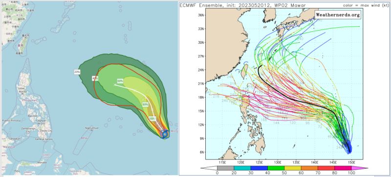 ▲吳德榮說明，「瑪娃」目前正在在菲律賓東方海面持續增強（左圖），各模式對路徑的預測較分歧（右圖）。（圖／三立準氣象．老大洩天機）