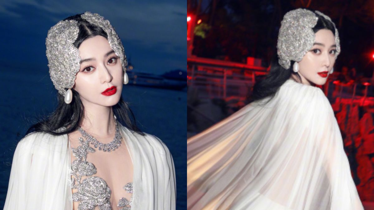 ▲范冰冰再次登上法國坎城影展紅毯，並以一套「碎鑽遮胸」禮服現身，結果被網友們笑稱是「蚌殼精」。（圖／范冰冰微博）