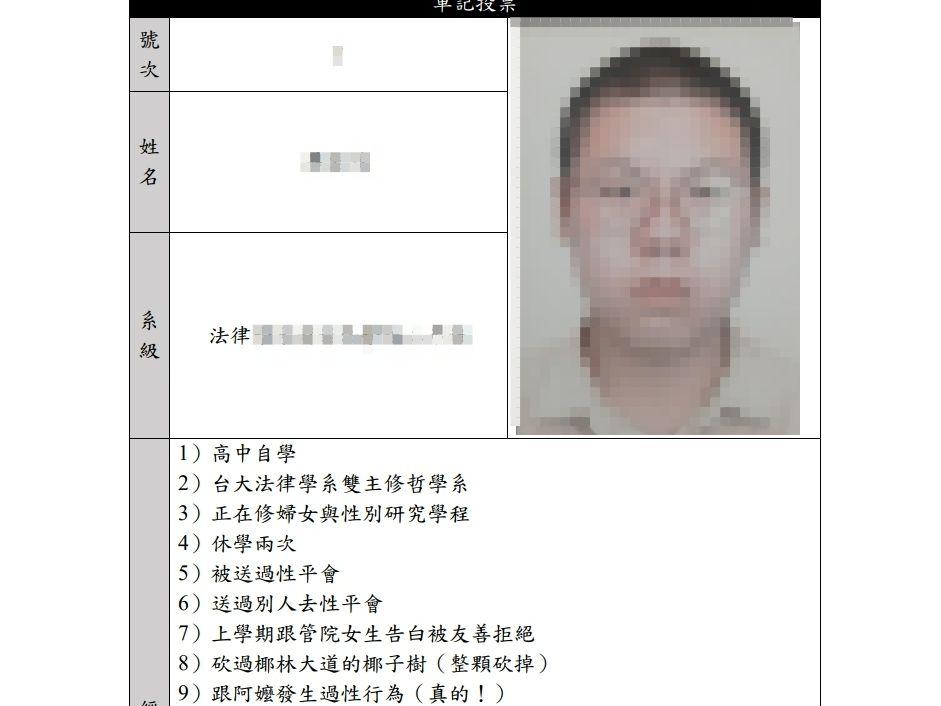 ▲臺大性別平等教育委員會學生委員法律系學生候選人，在選舉公報中的經歷中，寫「跟阿嬤發生過性行為」。（圖／翻攝臺大學生選舉公報）