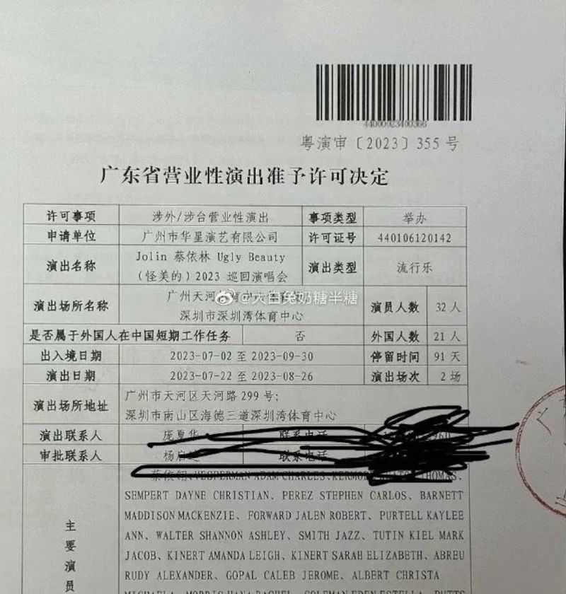 ▲微博流傳蔡依林演唱會的「廣東省營業性演出准予許可決定」官方文件。（圖／翻攝自微博）
