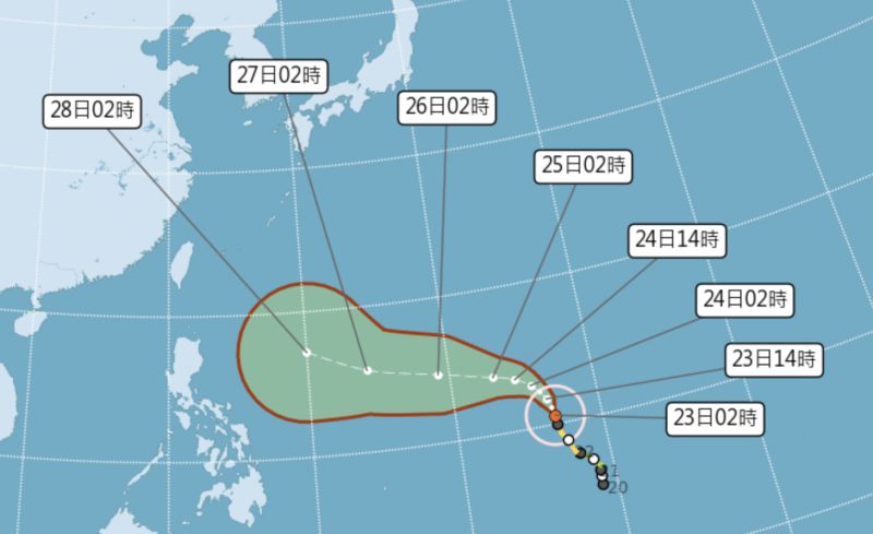 ▲瑪娃颱風最快周三有機會增強為強烈颱風，將成為今年第1個強颱。目前預估路徑有4種可能，對台灣影響大不同。（圖／翻攝中央氣象局官網）
