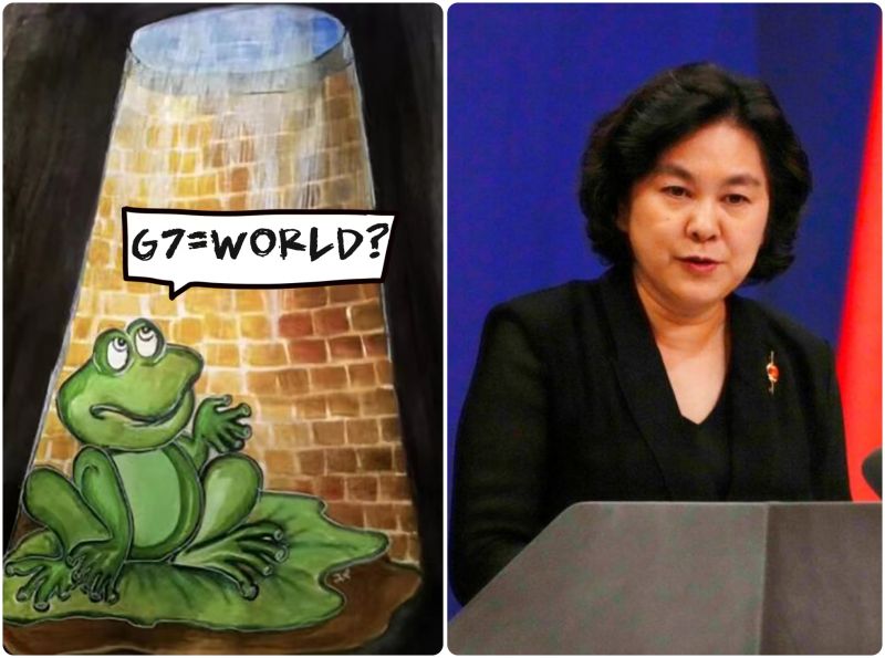 ▲中國外交部發言人華春瑩在推特上連發一系列推文反擊G7峰會，更貼出一張井底之蛙的圖諷刺G7不等於全世界。（合成圖／翻攝自華春瑩推特；美聯社／達志影像）