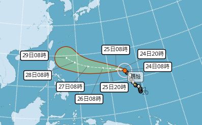 ▲鄭明典說明，瑪娃颱風明日晚上會開始下一波的增強，隨後沿太平洋高壓邊緣持續向西移動。（圖／中央氣象局提供）