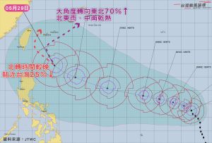 ▲瑪娃颱風最新預測路徑出爐，大幅度北轉的機率提升，中南部水庫解渴的機會恐怕又要錯過了！（圖/台灣颱風論壇）